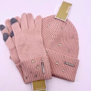 Michael Kors Crystal Embellished Logo Beanie Hat and Gloves Set Acrylic